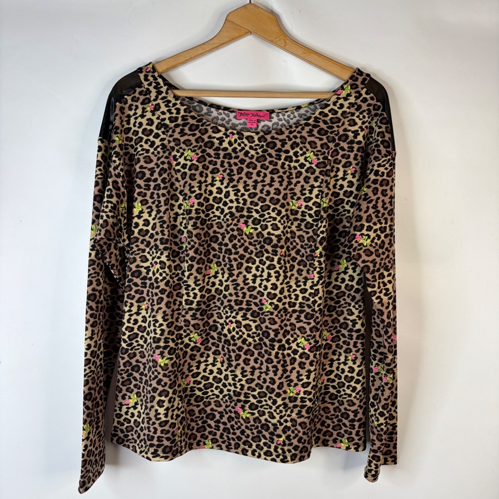 Betsey Johnson Top Women XL Brown Leopard Floral Mesh Shoulder Long Sleeve